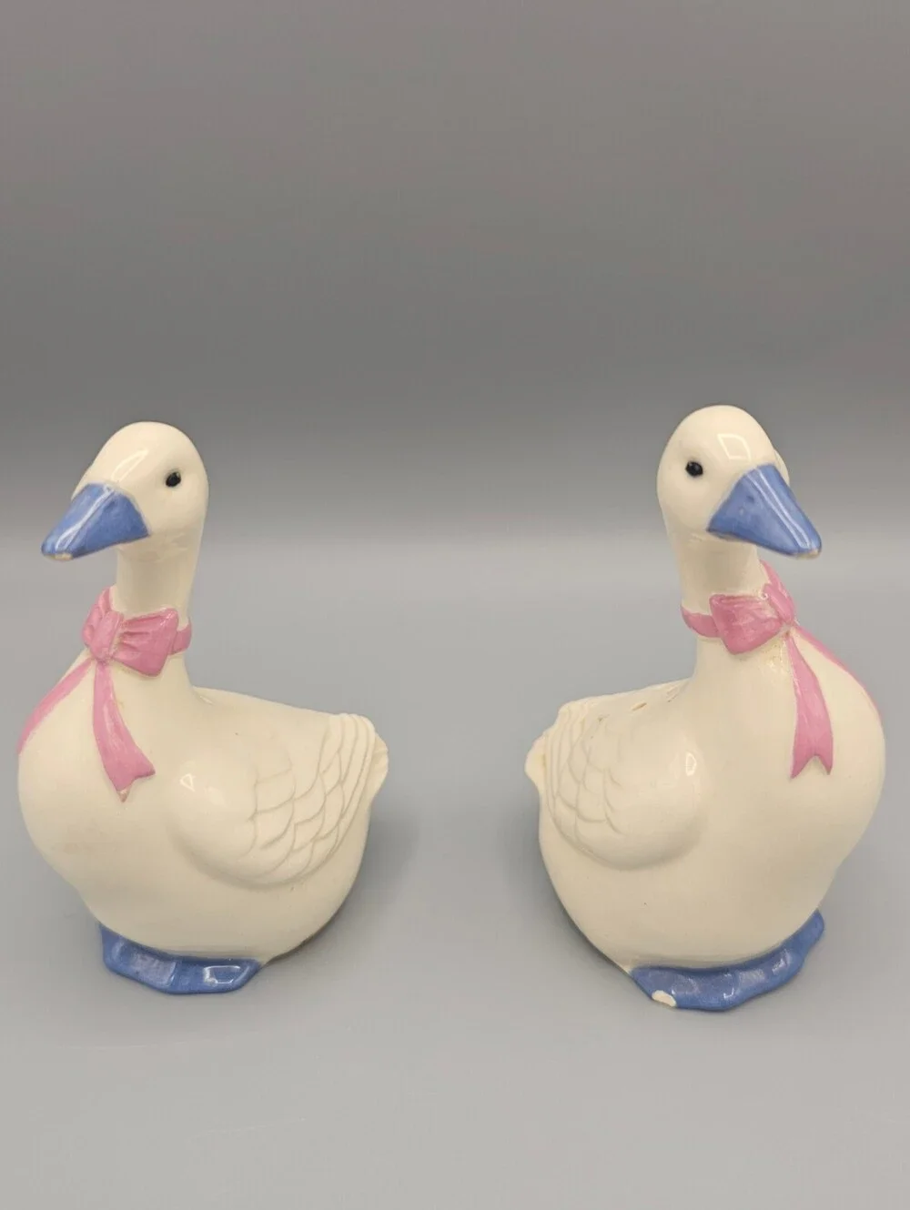 Vintage Ceramic Goose Salt and Pepper Shakers with Pink Bow and Blue Beak